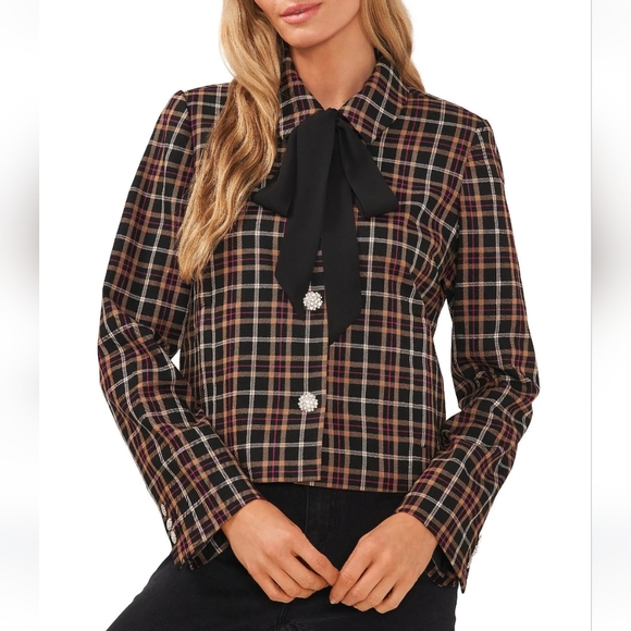 NWT Women's Cece Plaid Tie Neck Blazer Jacket with Rhinestone Button-Up Size XL - Picture 3 of 15